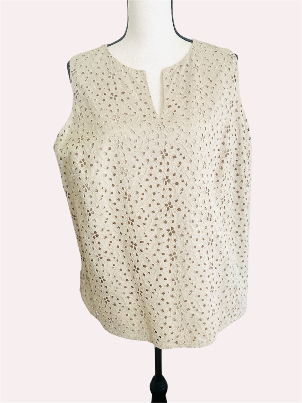 Talbots Top Tan Beige Floral Eyelet Lace Blouse Sleeveless Lined Plus size 18W